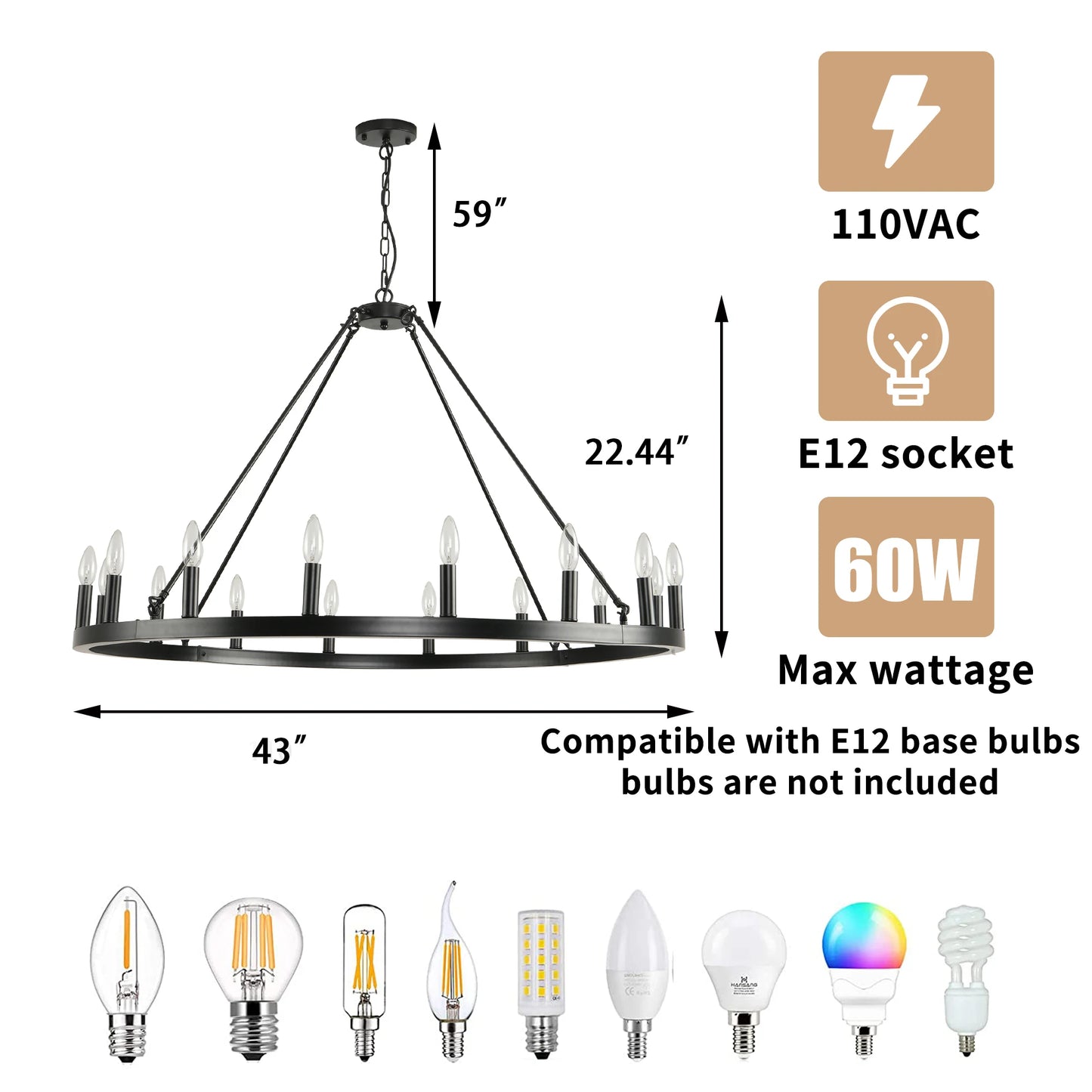16 Light Wagon Wheel Chandelier Matte Farmhouse Pendant