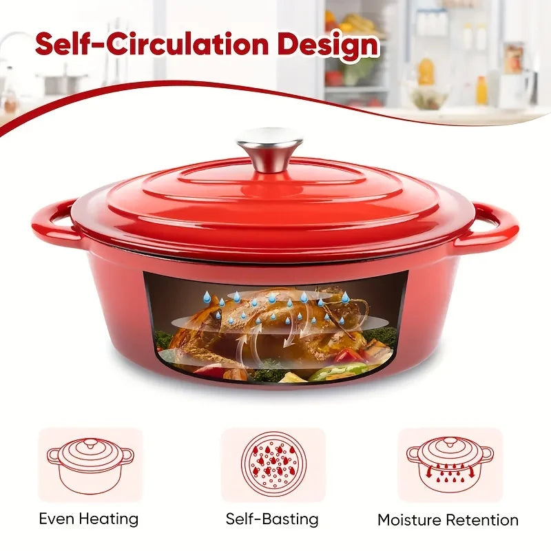 Red Enamel Oval Dutch Cast Iron Roasting Pan With Lid