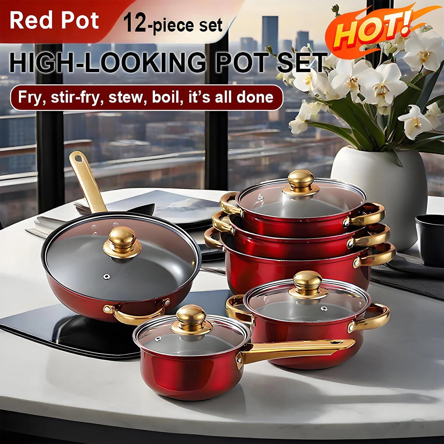 Red 12 Piece Stainless Steel Nonstick Cookware Set Kitchen