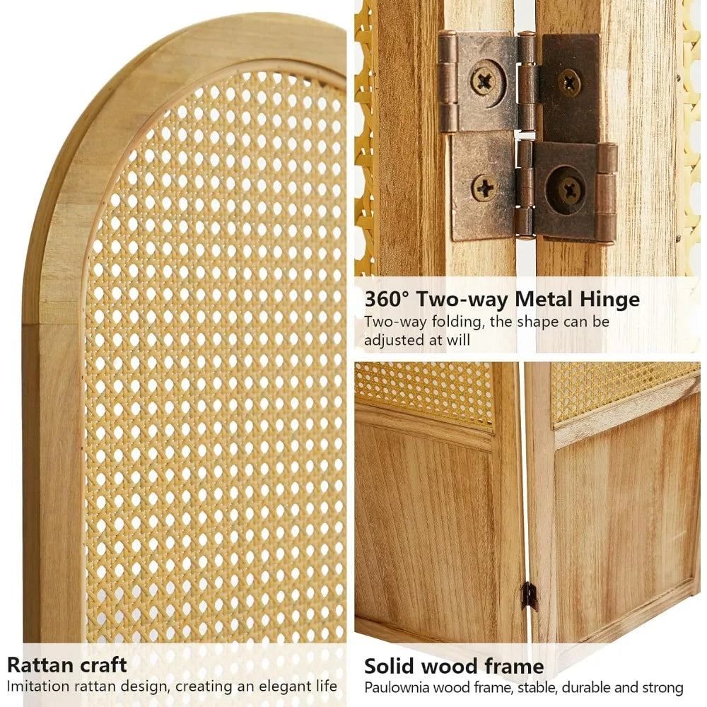 4 Panel Rattan Room Divider Folding Privacy Screen Wood