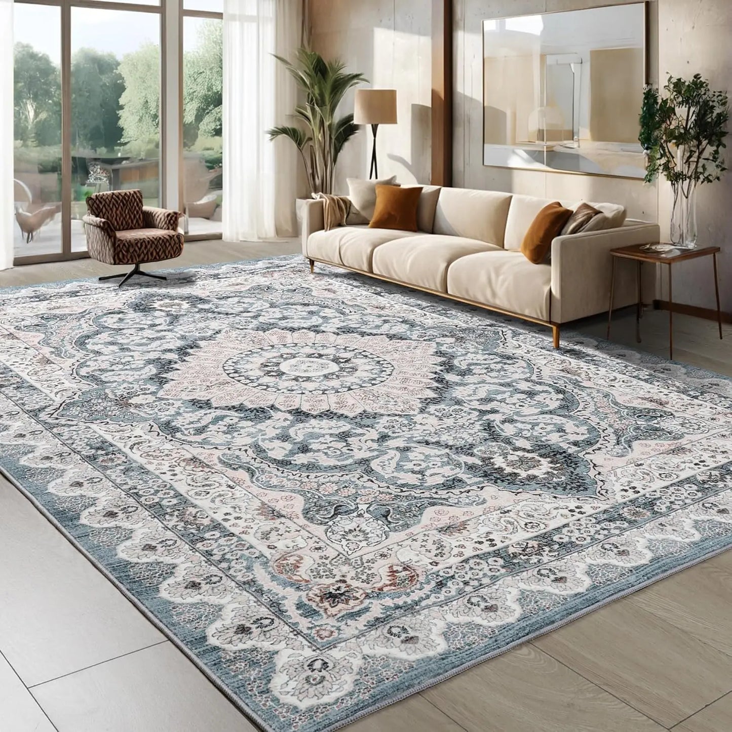 Machine Washable Vintage Area Rug Non Slip Low Pile Backing