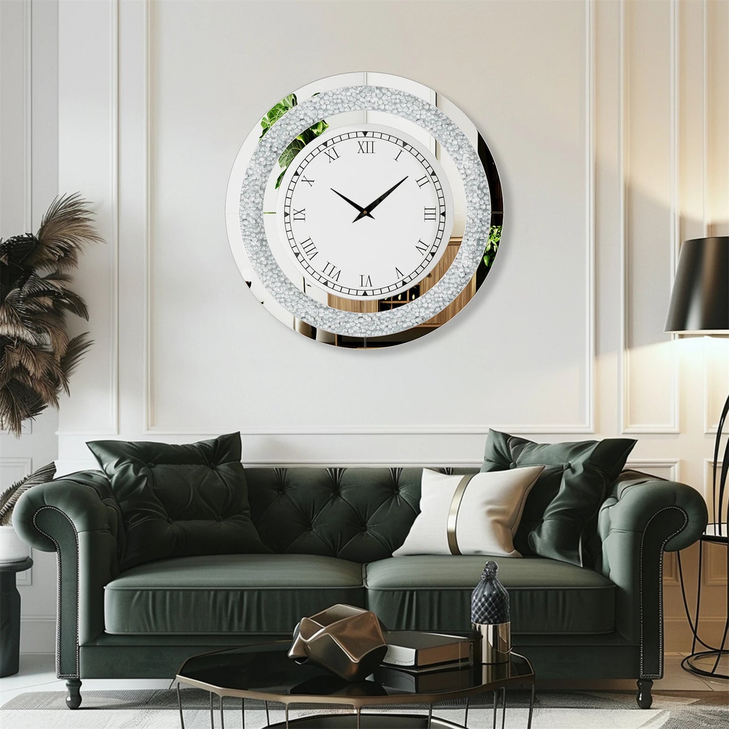 Silver Round Mirror Clock Bling Glam Wall Decor Sparkle 80cm