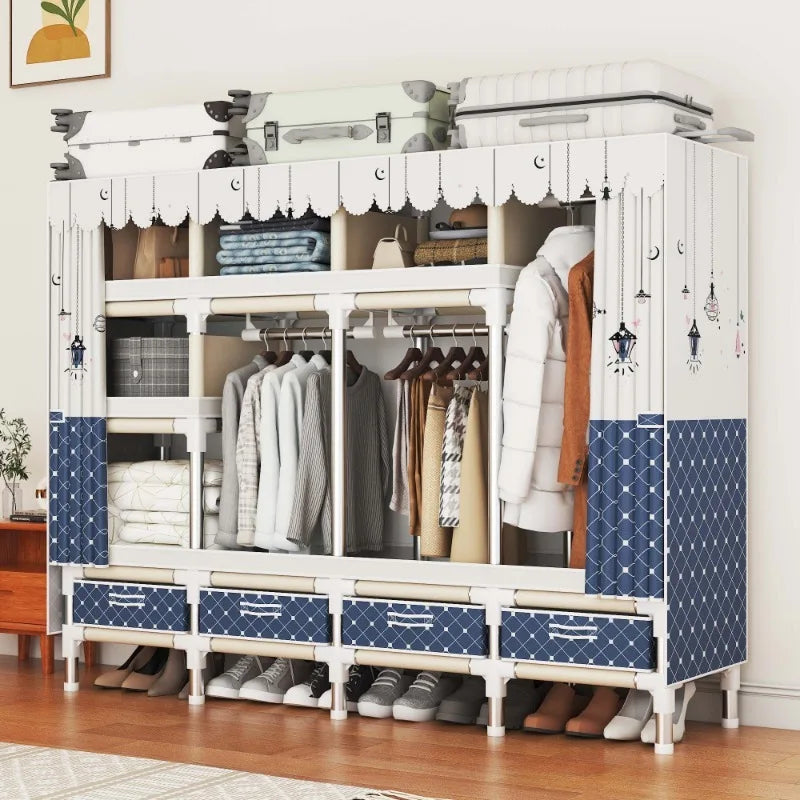 Portable Wardrobe clothes Closet Hanging Organization Metal Frame 5 Storage Compartments 3 Hanging Rods 4 Drawers shoe rack