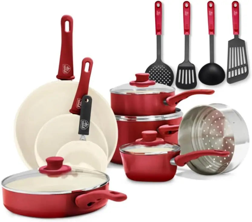 PFAS Free Nonstick Cookware Set 16 Piece With Ceramic Coating Oven Safe Stay Cool Handles And Glass Lids Red