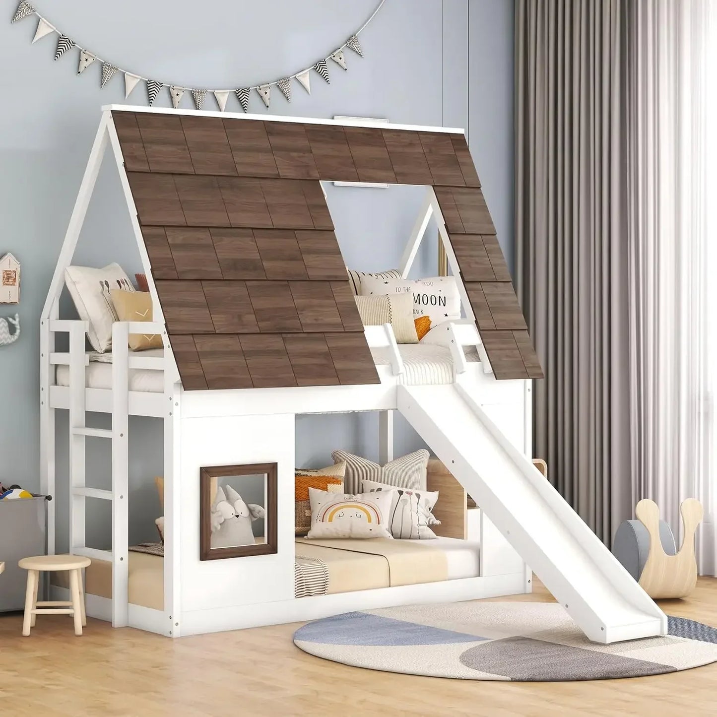 Twin Over Twin Bunk Bed With Roof Slide White Brown