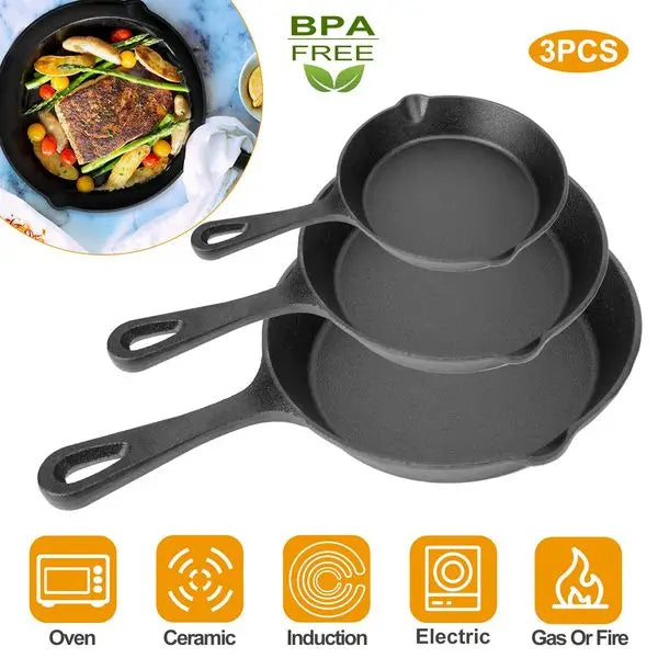 Three Piece Preseasoned Cast Iron Skillet Set 6 Inch 8 Inch 10 Inch Nonstick Oven Safe Cookware
