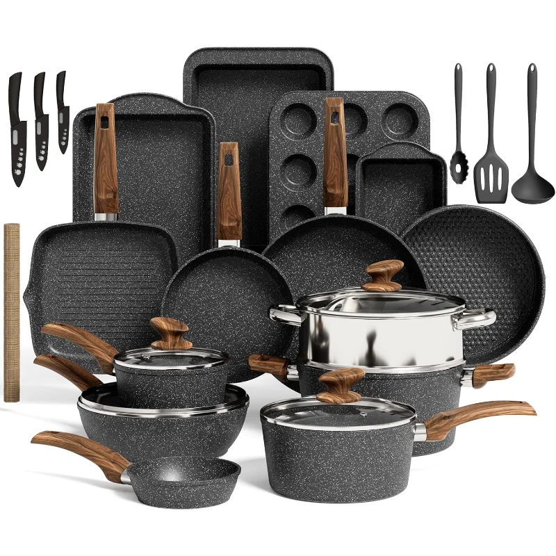 Kitchen Induction Cookware & Bakeware Set - 30 Piece Black Granite Cooking Pans Set, Non-Stick Pots and Pans Set