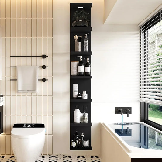 7 Tier Black Lacquer Wall Shelf Unit With LED Remote Light