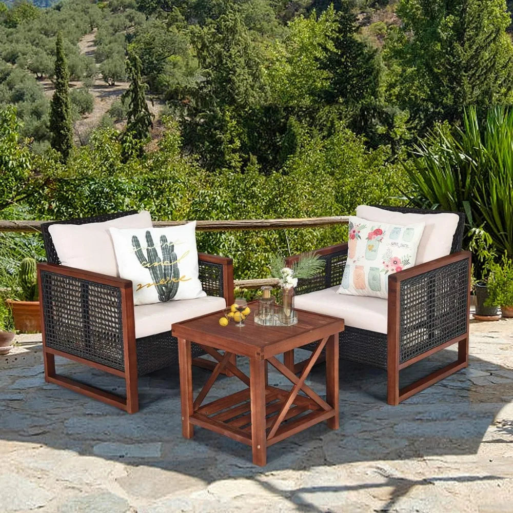 Beige Outdoor 3 Piece Wicker Patio Set With Coffee Table
