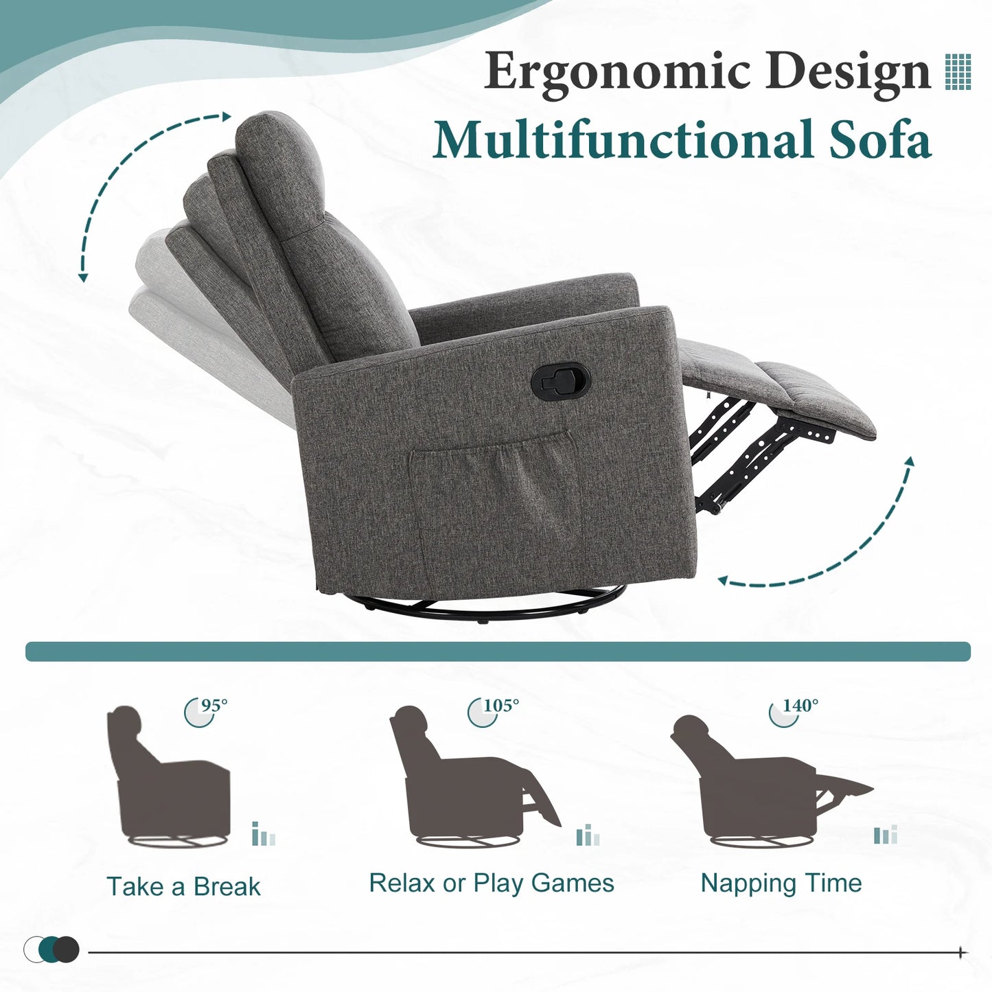 JHK Swivel Rocking Recliner Sofa With Extra Large Footrest