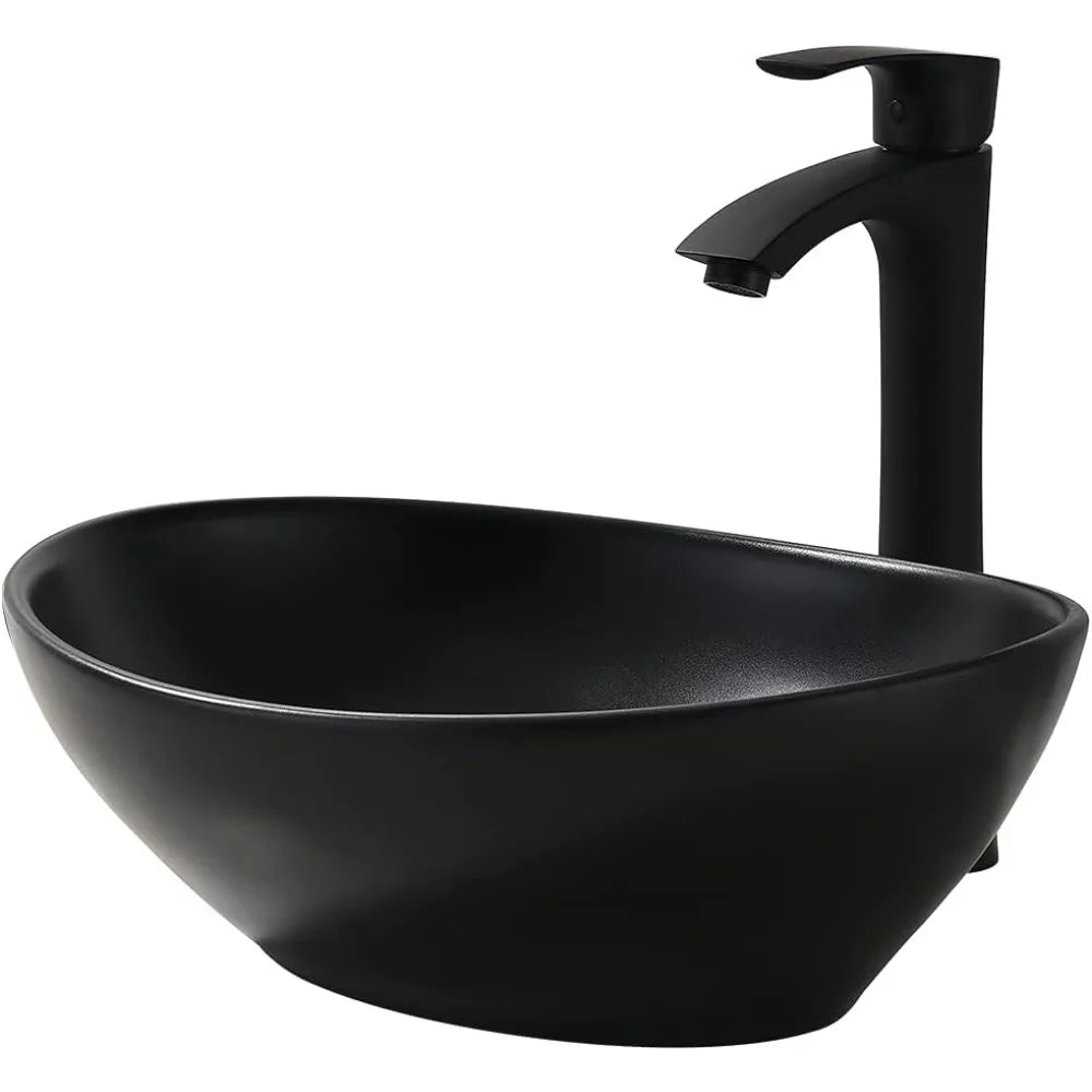 Matte Black Vessel Sink With Faucet Drain Ceramic Porcelain