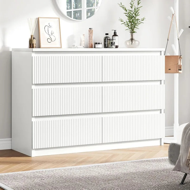 White Six Drawer Dresser Modern Fluted Deep Drawers