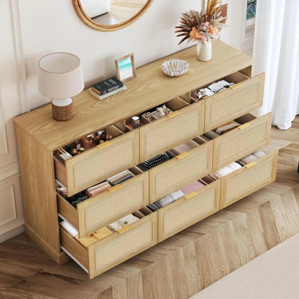 Boho Style 9 Drawer Dresser And TV Stand Natural Oak Finish