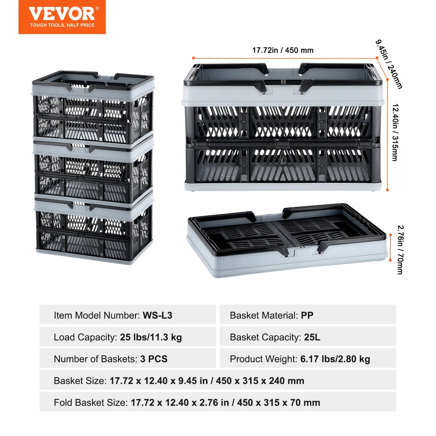 Three Pack Foldable Storage Baskets With Handles Kitchen