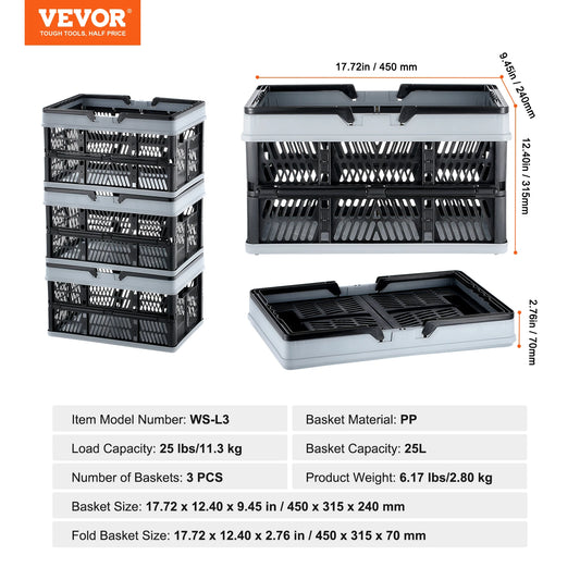 Three Pack Foldable Storage Baskets With Handles Kitchen