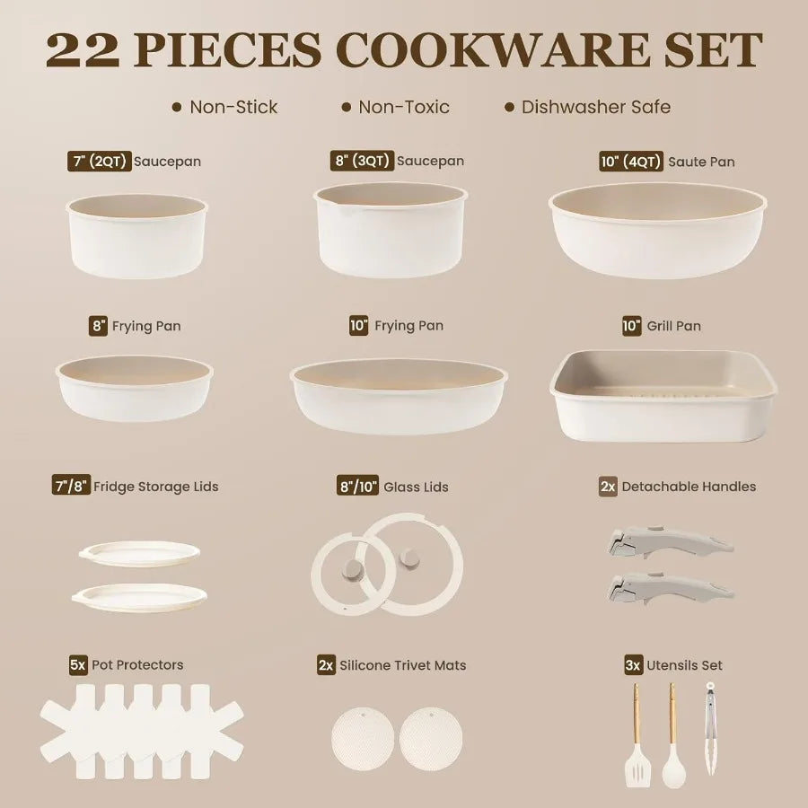 Ceramic 22-Piece Nonstick Cookware Set with Detachable Handles Induction Safe