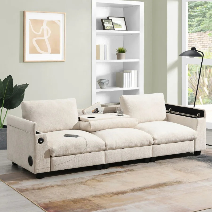 9635''Chenille Sectional Sofa with Bluetooth Speaker Comfy Cloud Couch Set with Drop Down Table Cup Holders USB Charger Storage