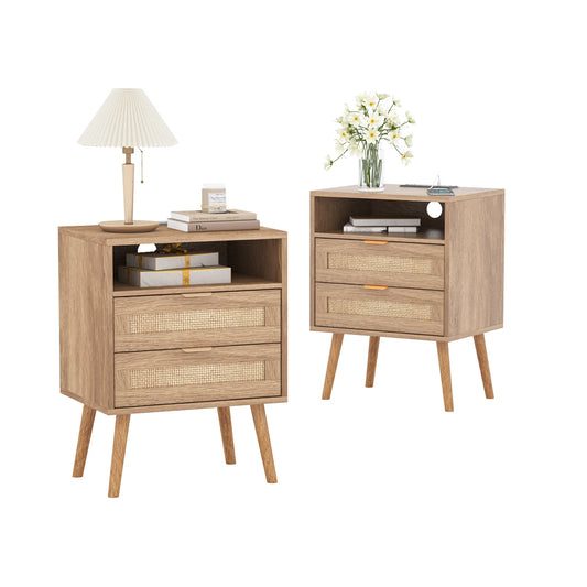 Vabches Rattan Nightstand Set Of 2 With LED And USB Ports
