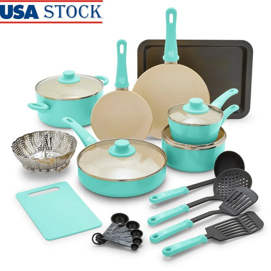 18-Piece Non-Stick Ceramic Cookware Set Toxin-Free Dishwasher Safe Aluminum Soft Grip Handles Durable Glass Lids Kitchen