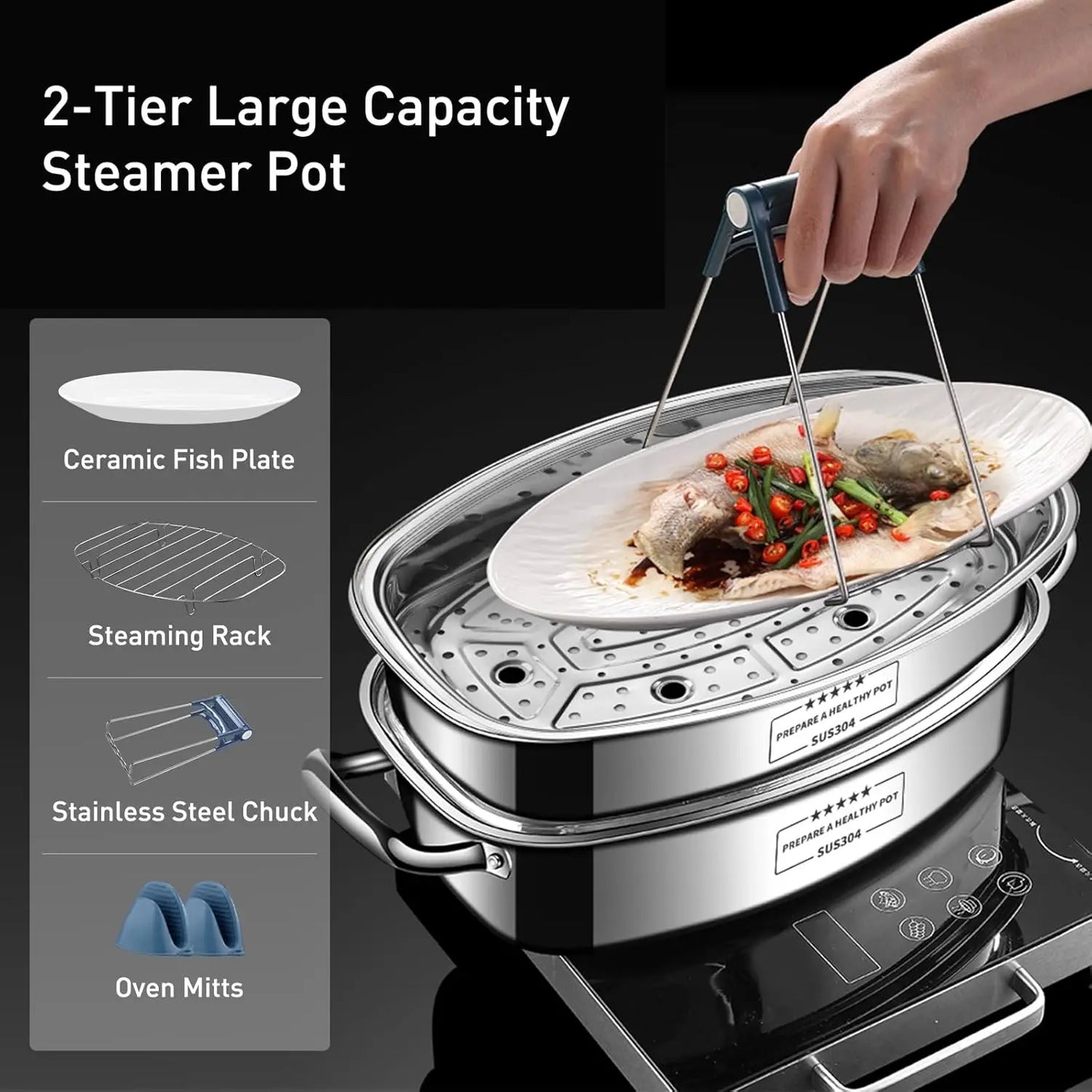 Two Tier Stainless Steel Fish Steamer With Rack And Mitts