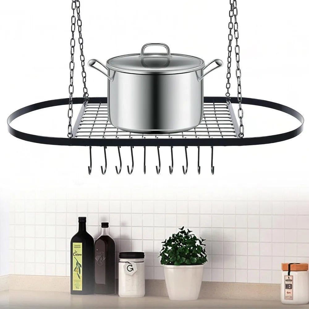 Pot Pan Rack With Shelf And 9 Hooks Wall Ceiling Mount