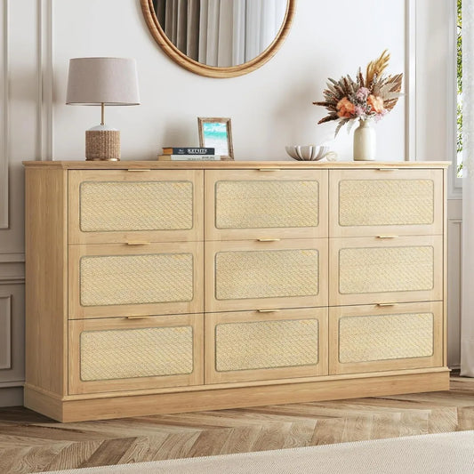 Boho Style 9 Drawer Dresser And TV Stand Natural Oak Finish