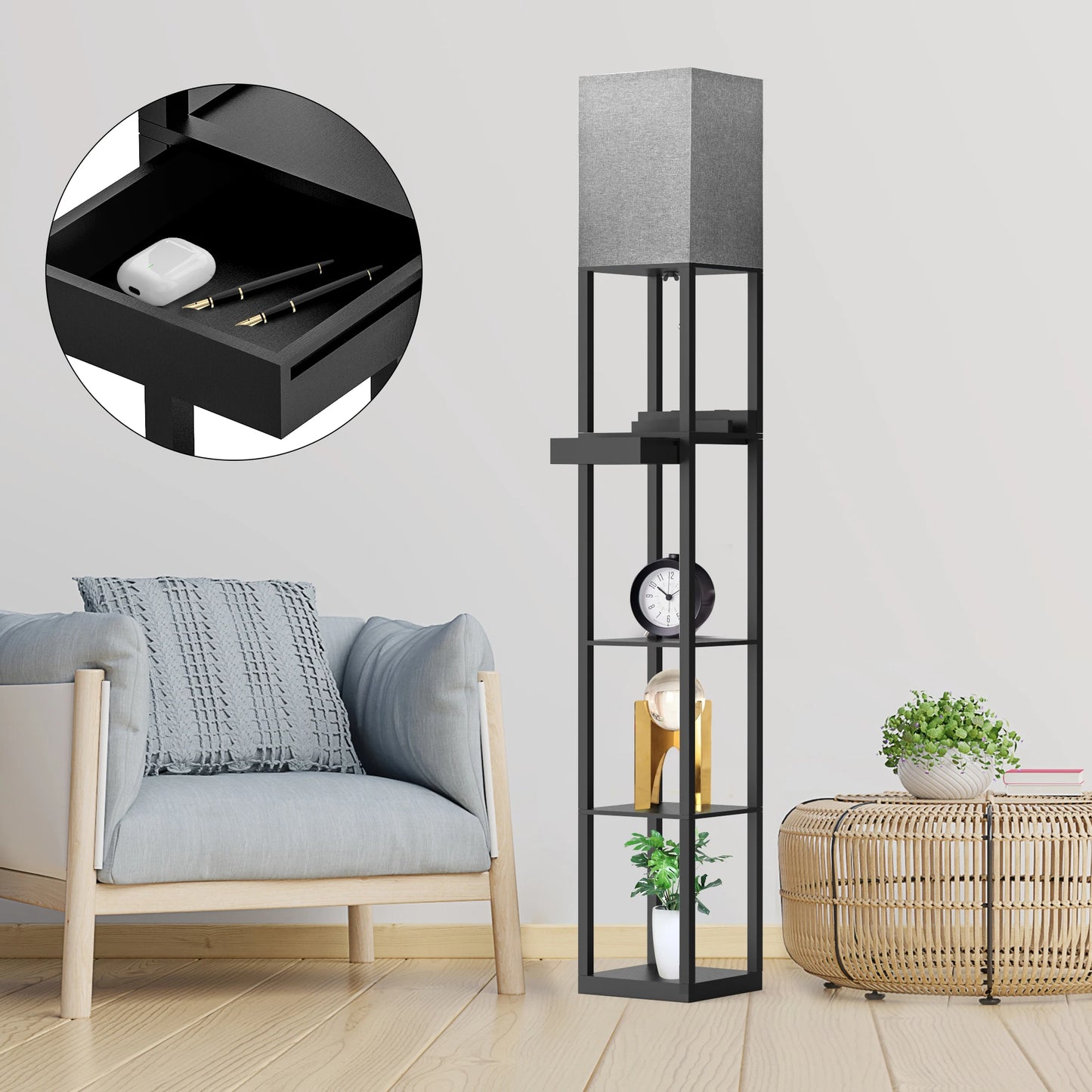 67 Inch Column Floor Lamp With Shelves USB Ports Drawer