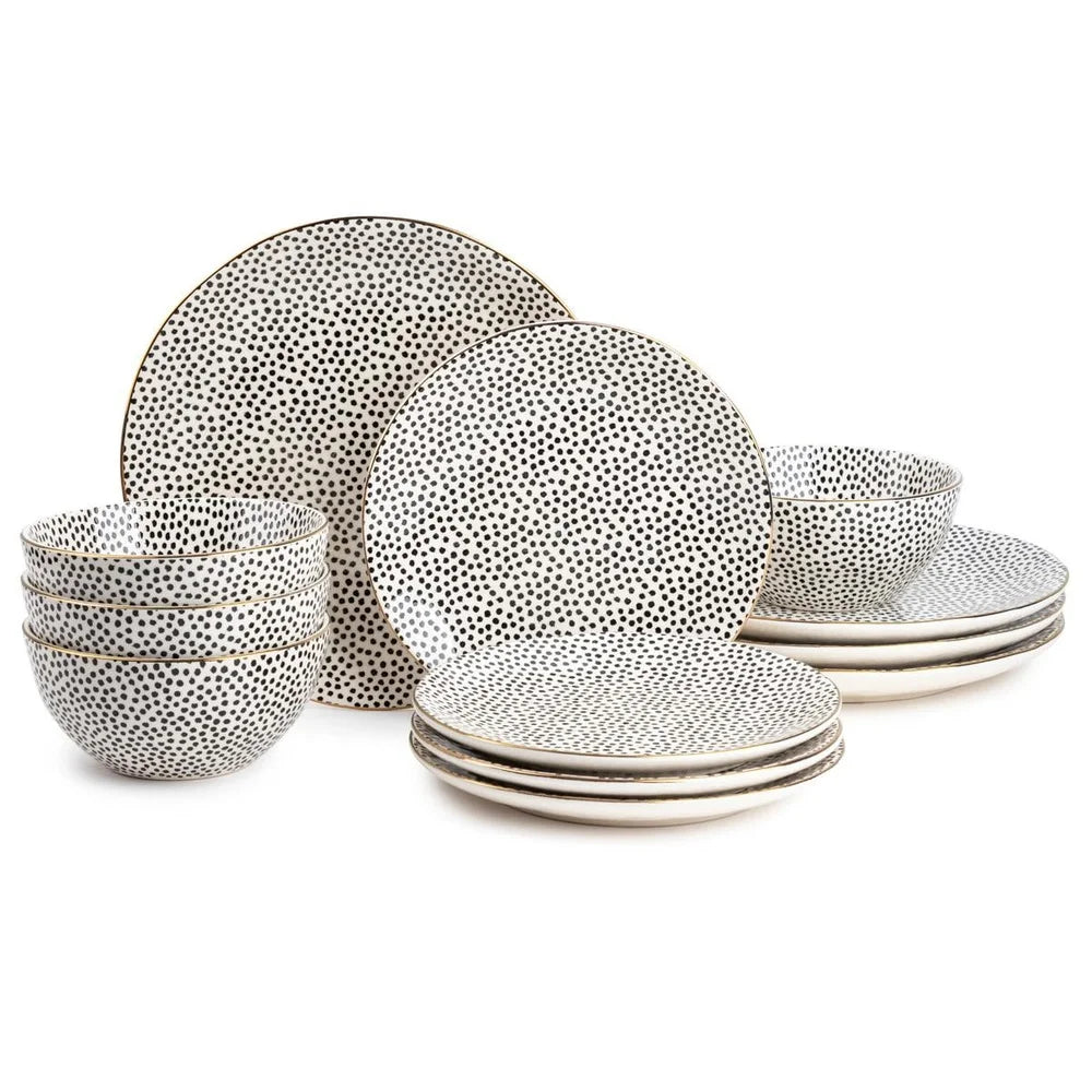 Stoneware 12 Dinnerware Set Black White Dot Collection