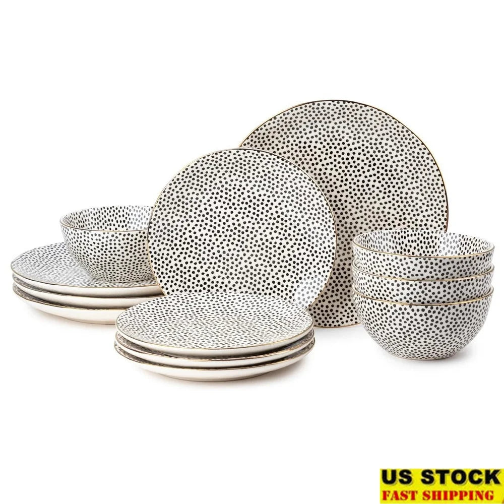 Stoneware 12 Dinnerware Set Black White Dot Collection