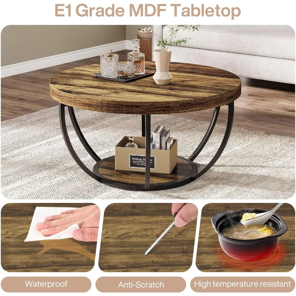 Round Coffee Table, 31.7" Wooden 2-Tier Circle Coffee Table with Storage Shelves, Modern Accent Table,Living Room Table