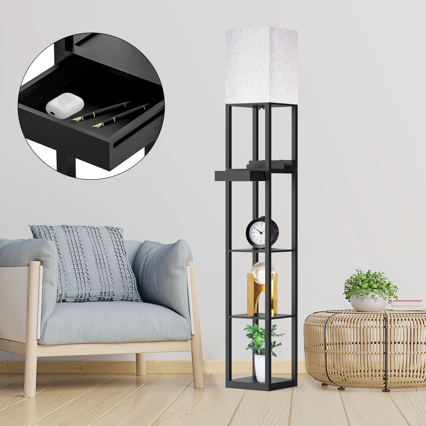 67 Inch Column Floor Lamp With Shelves USB Ports Drawer