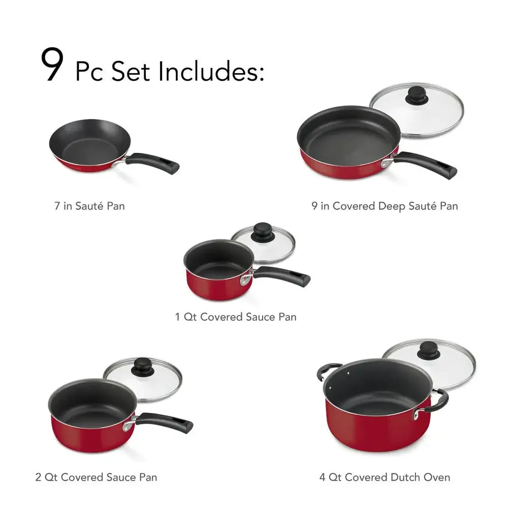 Red 9 Piece Nonstick Cookware Set With Tempered Glass Lids