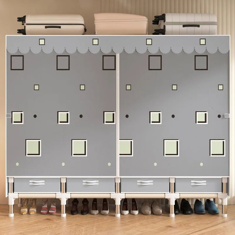 Portable Wardrobe clothes Closet Hanging Organization Metal Frame 5 Storage Compartments 3 Hanging Rods 4 Drawers shoe rack