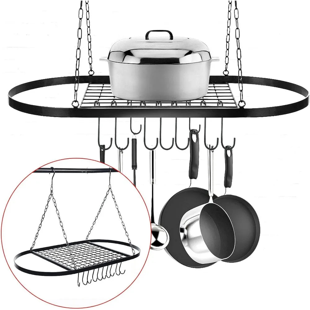 Pot Pan Rack With Shelf And 9 Hooks Wall Ceiling Mount