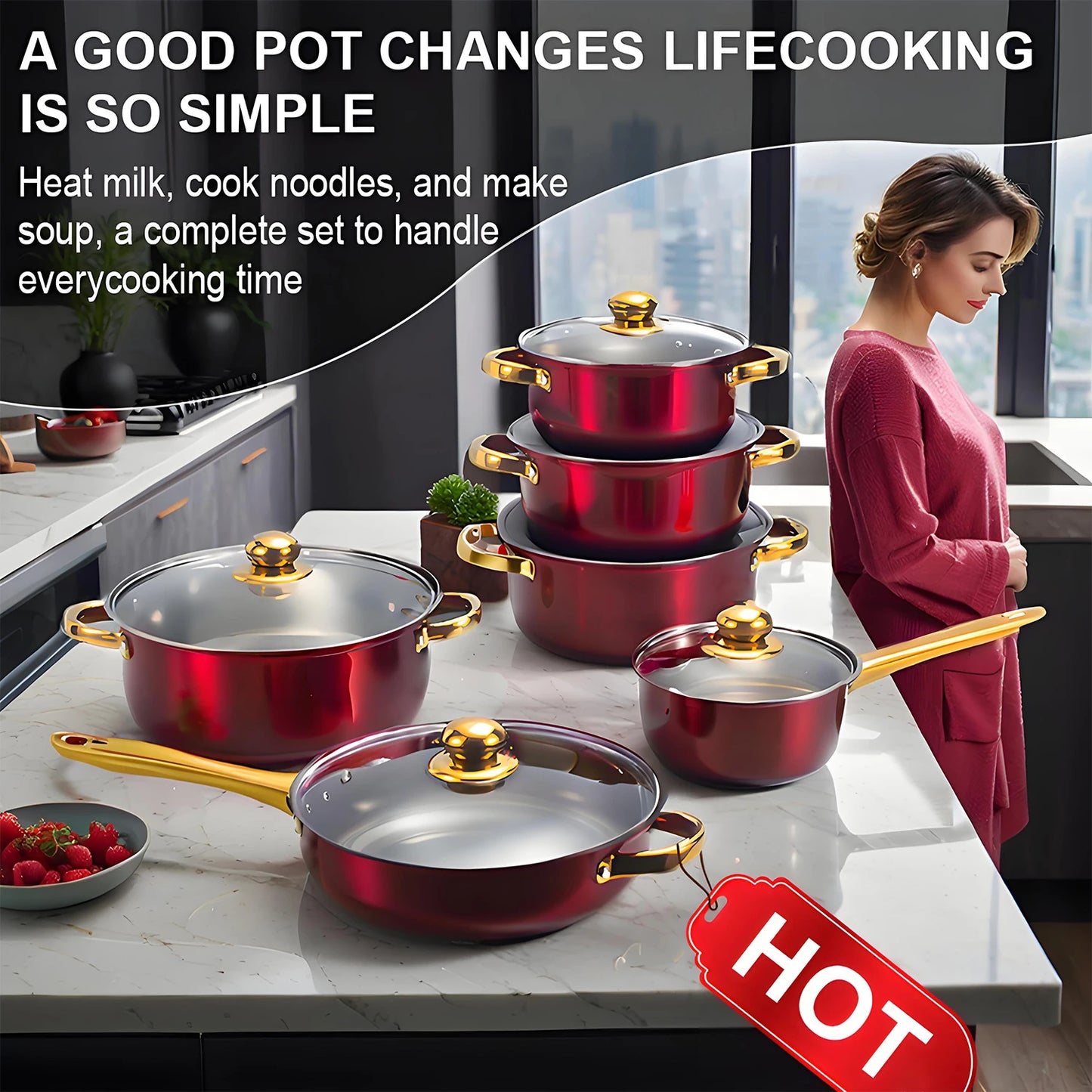 Red 12 Piece Stainless Steel Nonstick Cookware Set Kitchen