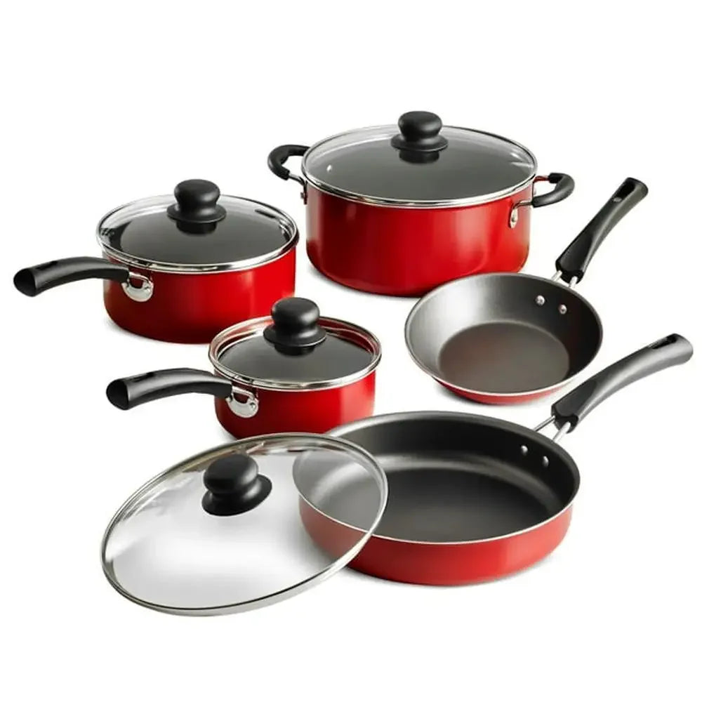 Red 9 Piece Nonstick Cookware Set With Tempered Glass Lids