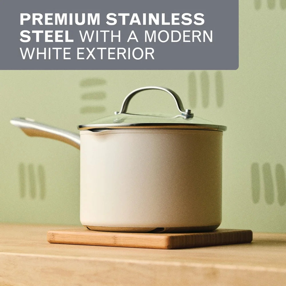 Luster 3-Quart Stainless Steel Straining Saucepan with Lid Dishwasher Safe Oven Safe Heat Conductive Aluminum Modern Cookware