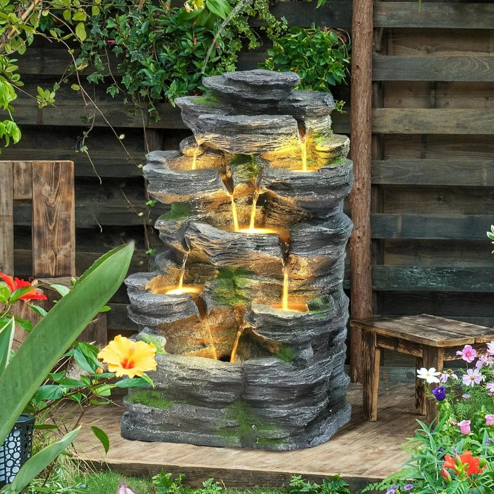 7 Tier Cascading Rock Waterfall Fountain With LED Lights