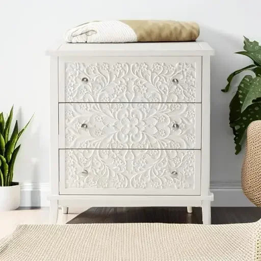 Three Drawer Farmhouse Flower Motif Dresser White Washed
