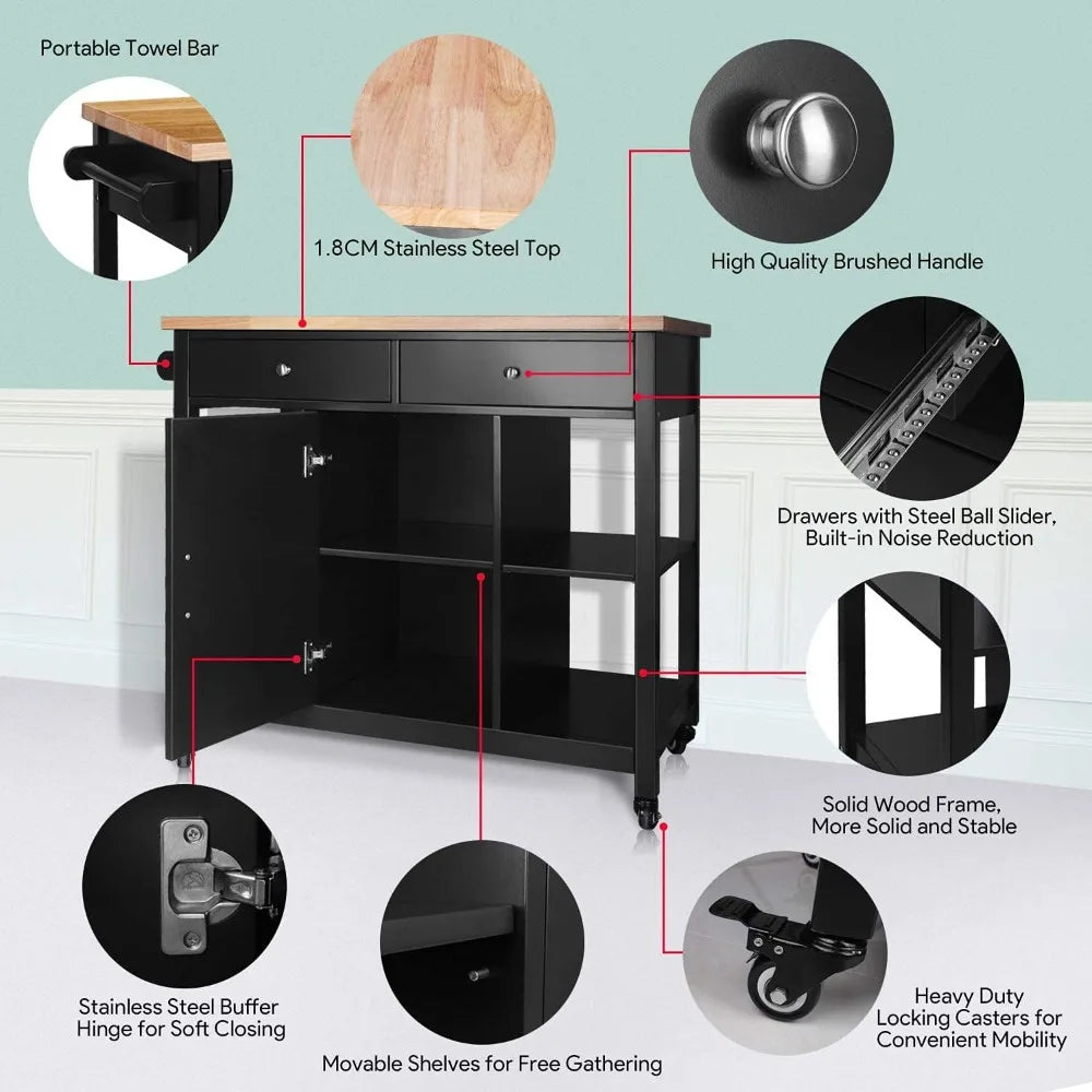 HOME. - Kitchen Islands on Wheels with Wood Top, Utility Wood Movable Kitchen Cart with Storage and Drawers, Black
