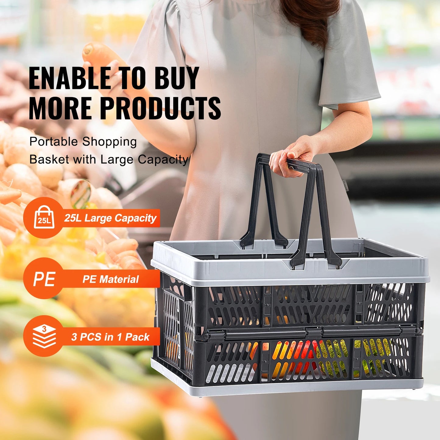 Three Pack Foldable Storage Baskets With Handles Kitchen