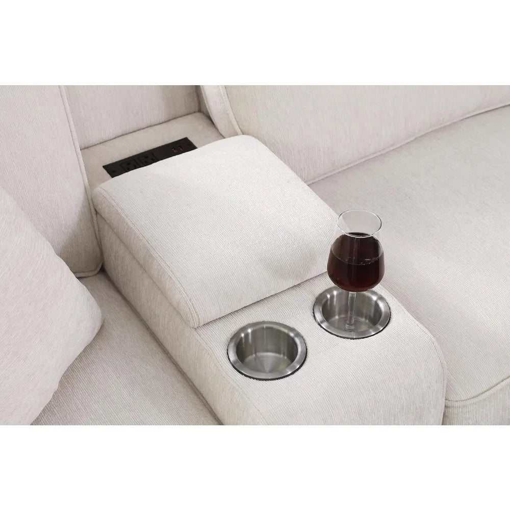 127" L-Shaped Sectional Couch with Movable Ottoman & 6 Throw Pillows,7 Seat Chenille Upholstered Sofa W/2 Cup Holder,USB Port &