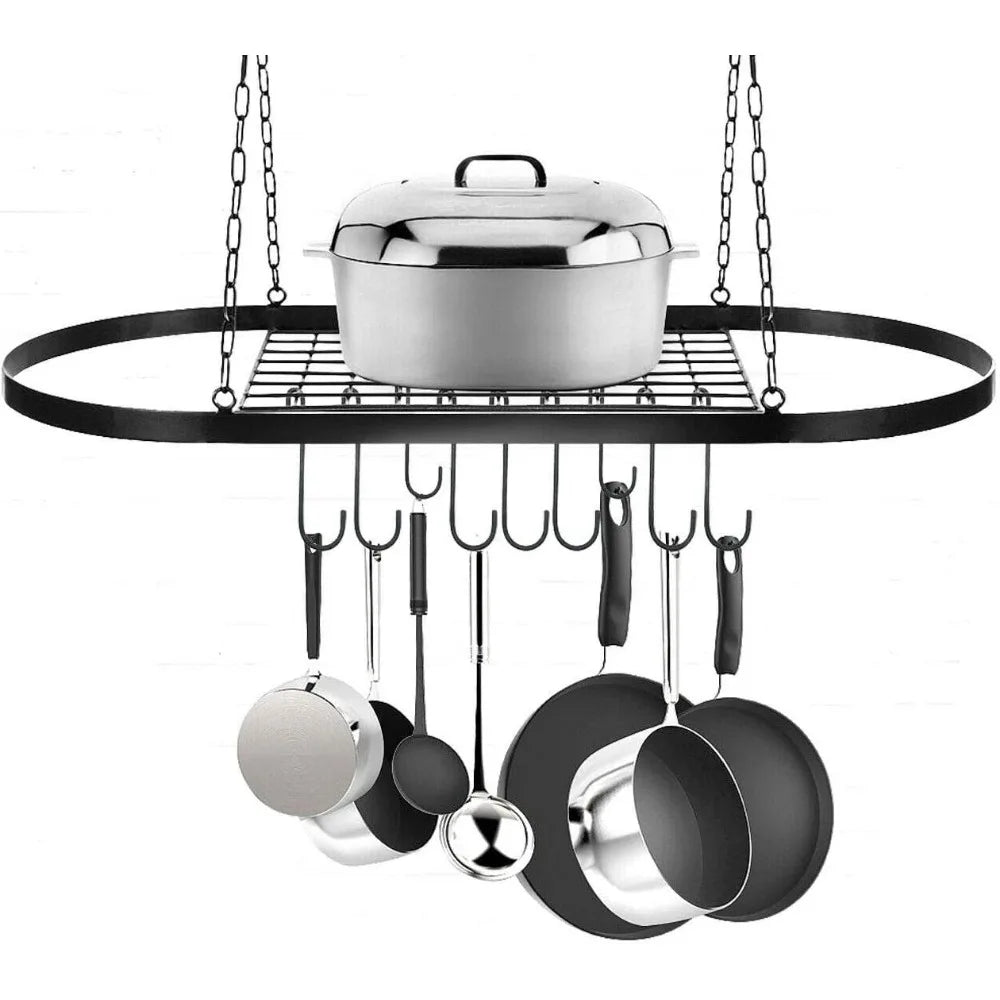 Pot Pan Rack With Shelf And 9 Hooks Wall Ceiling Mount