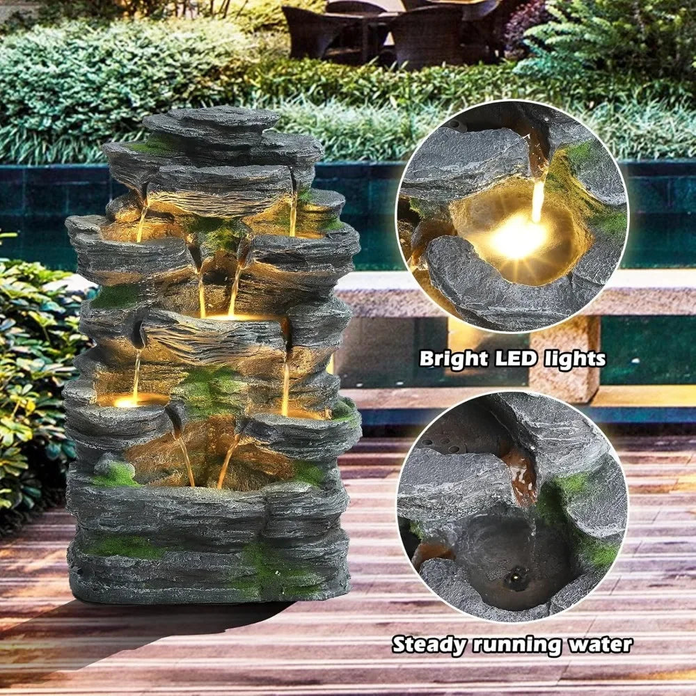 7 Tier Cascading Rock Waterfall Fountain With LED Lights