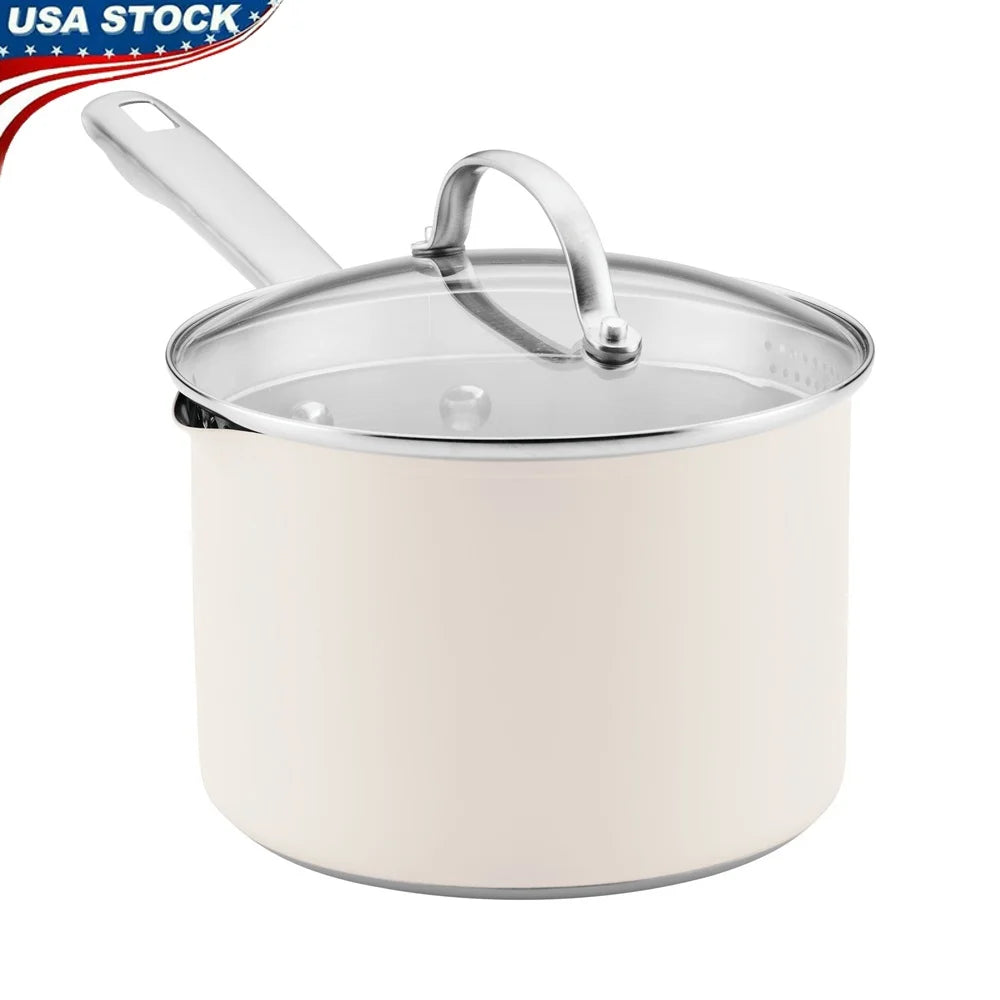 Luster 3-Quart Stainless Steel Straining Saucepan with Lid Dishwasher Safe Oven Safe Heat Conductive Aluminum Modern Cookware