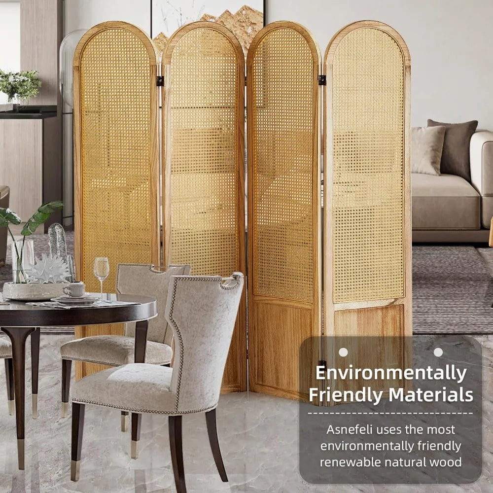4 Panel Rattan Room Divider Folding Privacy Screen Wood