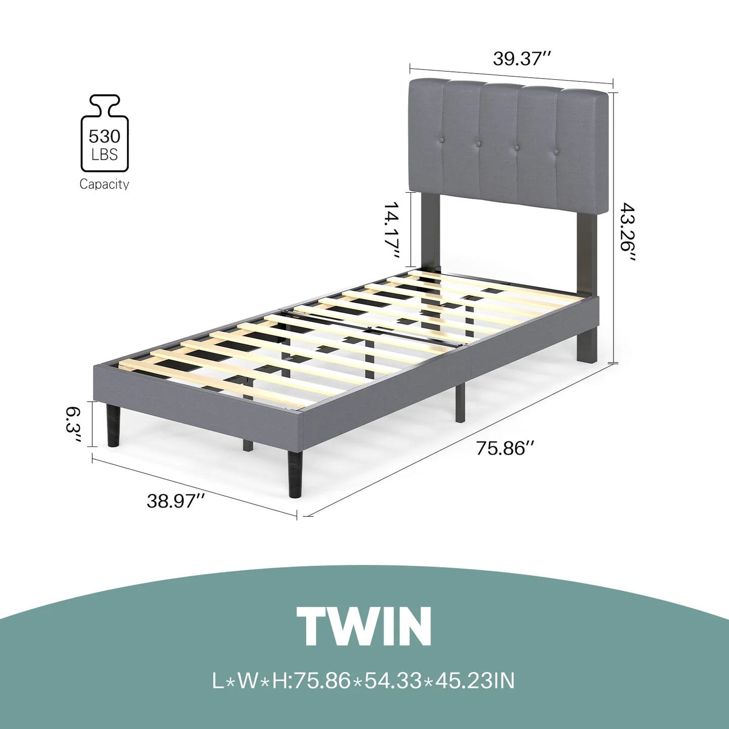 JHK King Solid Wood Bed Frame Upholstered Headboard Slats