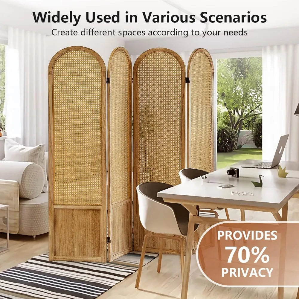 4 Panel Rattan Room Divider Folding Privacy Screen Wood