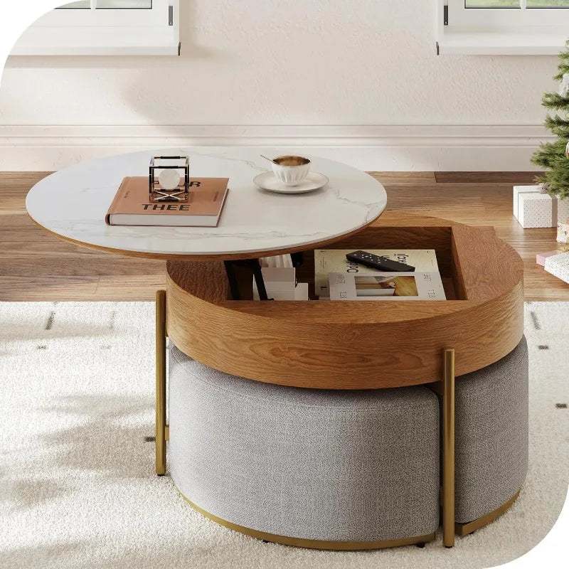 32 Round Marbling Slate Coffee Table With 3 Stools Set
