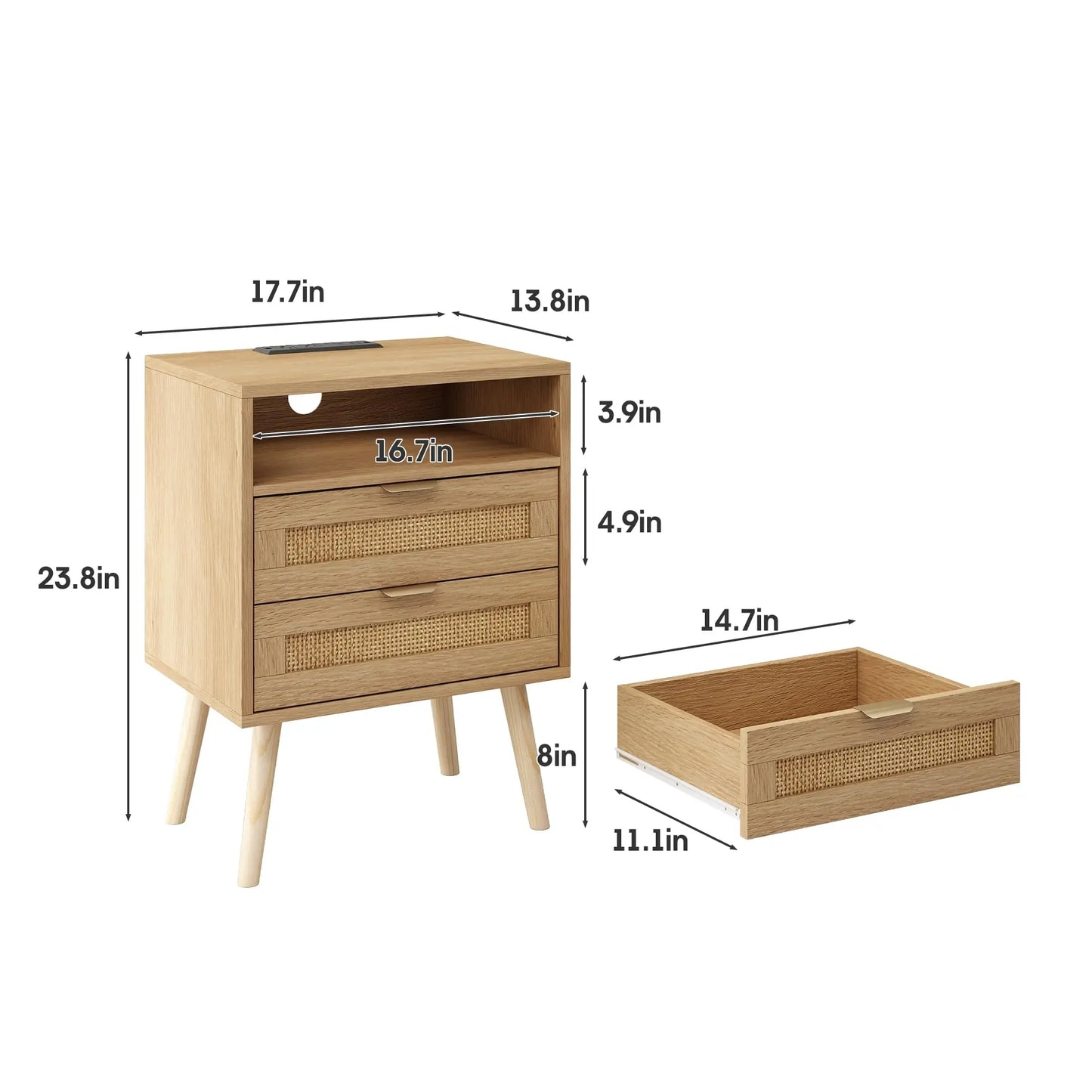 Vabches Rattan Nightstand Set Of 2 With LED And USB Ports